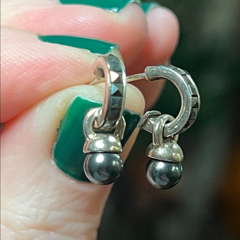 VTG Art Deco Marcasite Pearl Charm 14k Post Sterling Silver Huggie Hoop Earrings - Picture 2 of 6